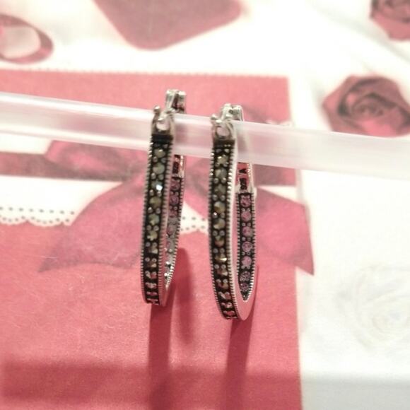 925 Sterling Silver Round Hoop Huggie Earrings Pink Sapphires Marcasites Signed - Picture 3 of 15